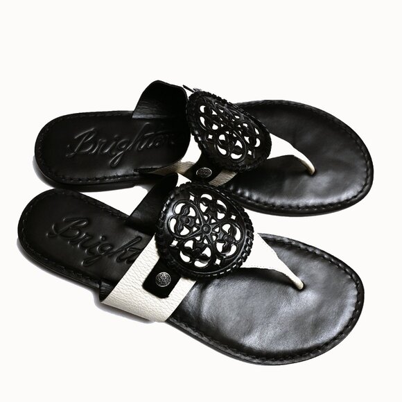 BRIGHTON Alexa Leather Brazilian Thong Sandals Black White Women’s 6.5 - Picture 5 of 10